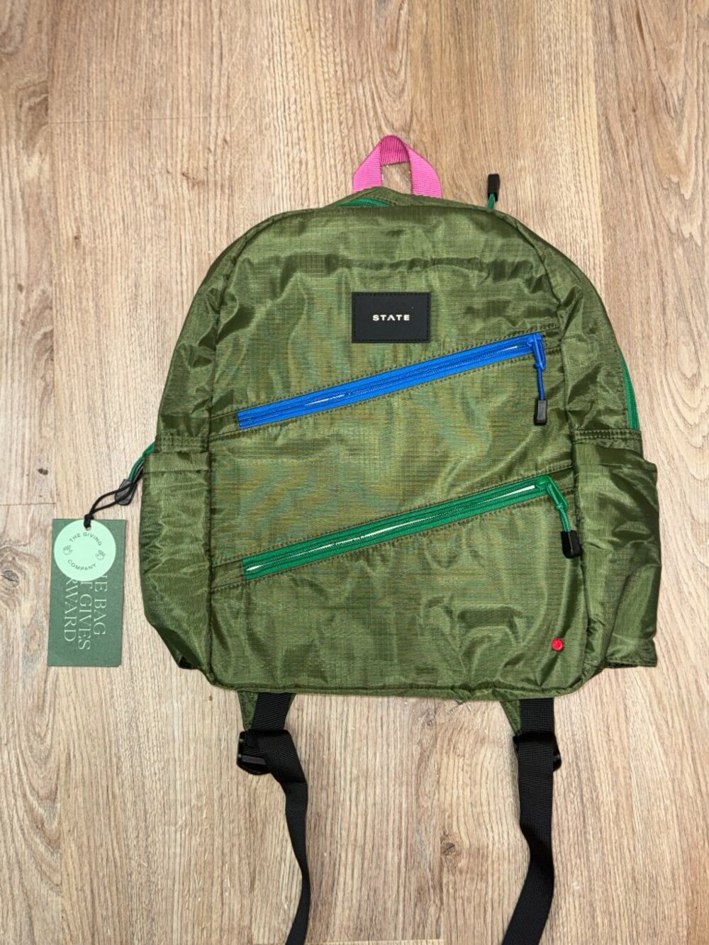 STATE Ripstop Kane Kids Travel Backpack Olive Green Diagonal Zipper Pink Handle - Picture 8 of 12